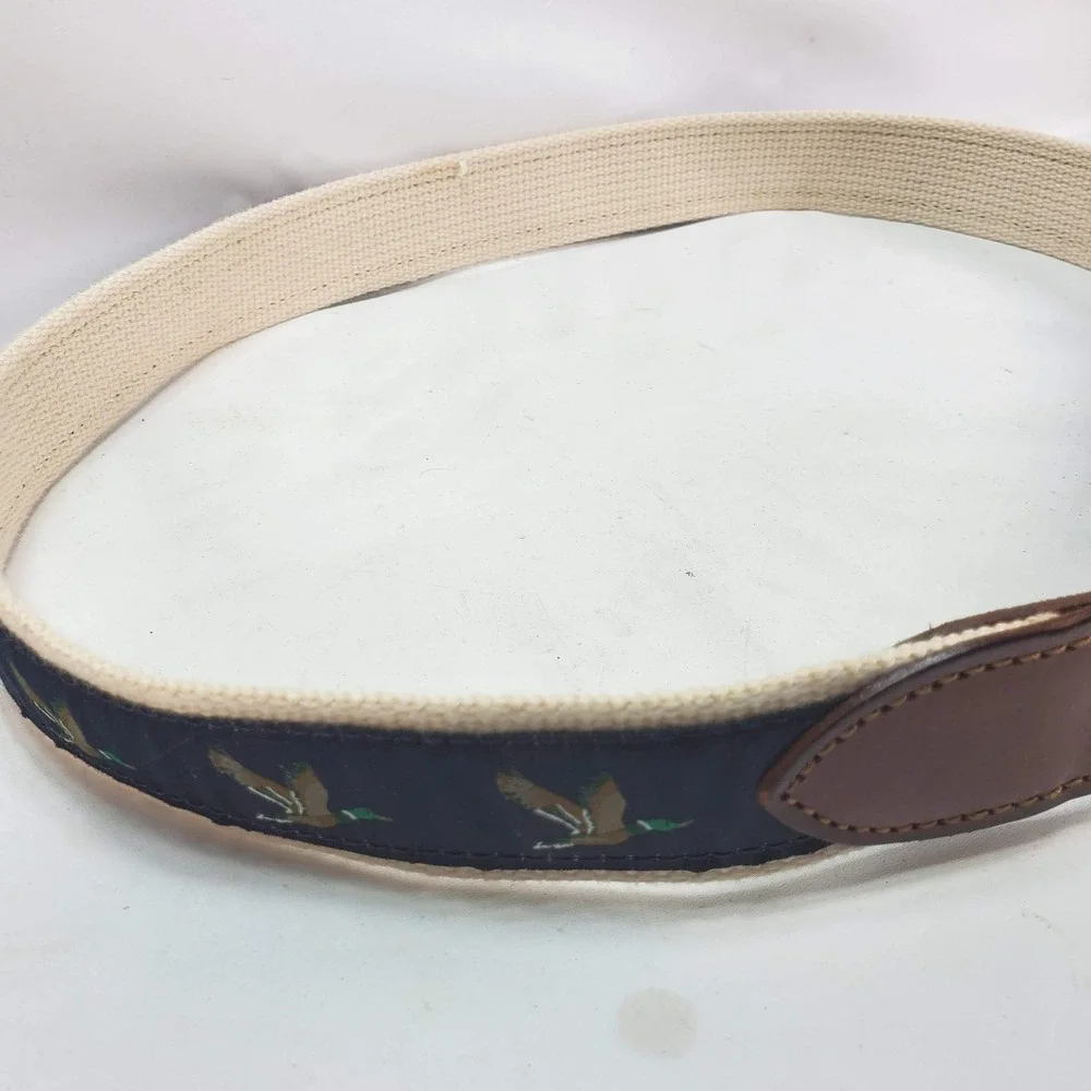 J.Crew Belt Men 30 Navy Canvas Leather Mallard Duck Embroidery Preppy Classic